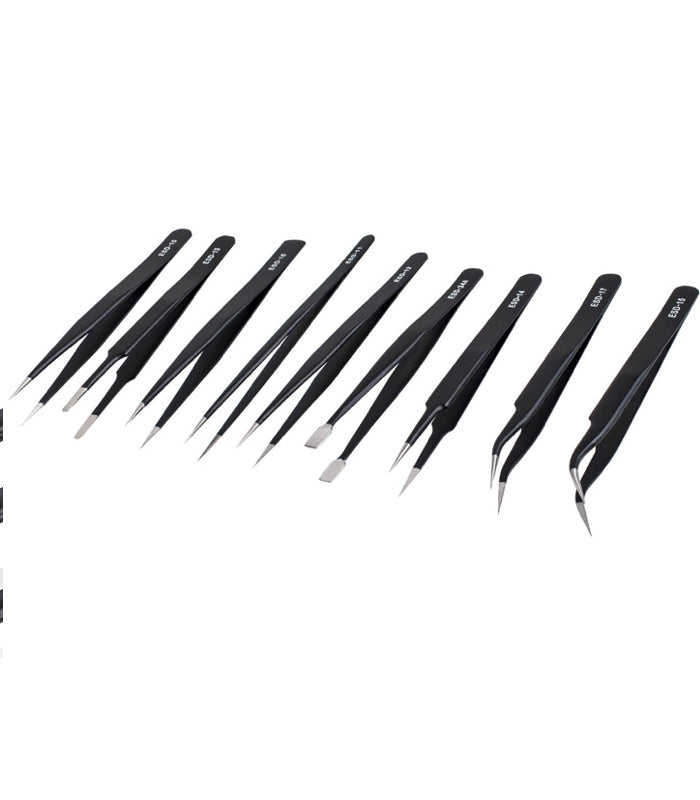 Pack of 9 ESD Stainless Steel Anti-static Precision Tweezers