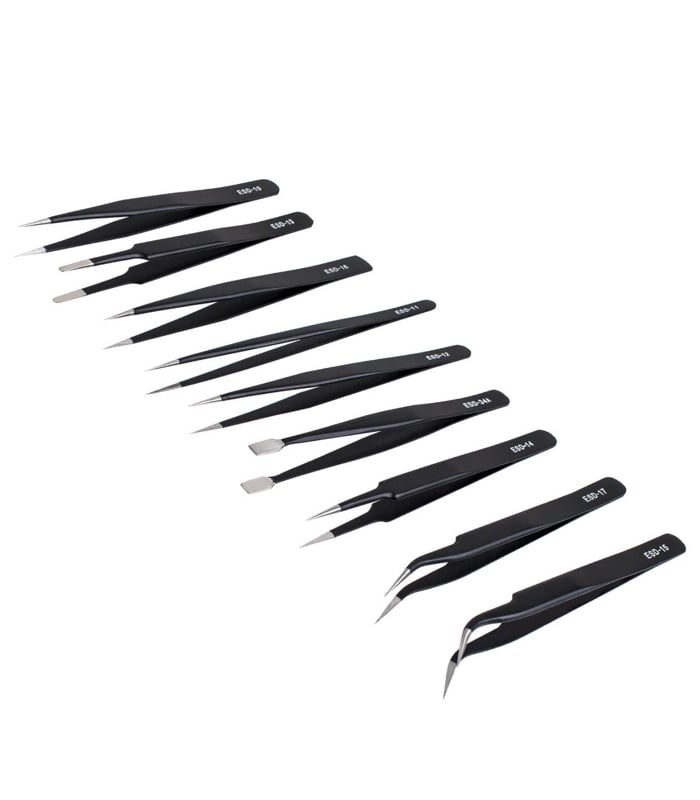 Pack of 9 ESD Stainless Steel Anti-static Precision Tweezers