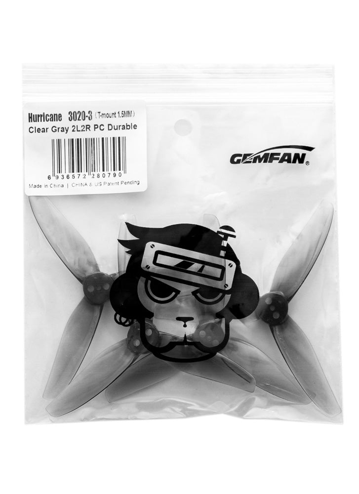 Gemfan Hurricane 3020 Tri-Blade Props T-mount 1.5mm Clear Gray