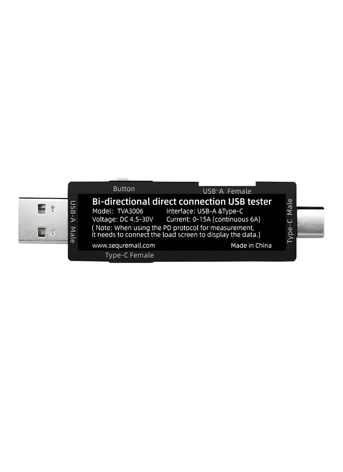 Sequre TVA3006 High Precision USB (Type C & A) Pass-Through Power Meter