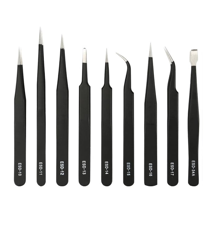 Pack of 9 ESD Stainless Steel Anti-static Precision Tweezers