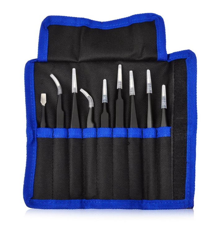 Pack of 9 ESD Stainless Steel Anti-static Precision Tweezers
